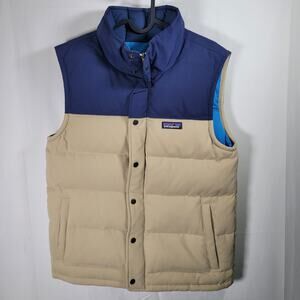Patagonia Bivy Down Vest Men’s Small 27586 FA14 Navy Beige Duck Down Puffer